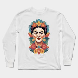 Frida's Geometric Brilliance: Colorful Portrait Long Sleeve T-Shirt